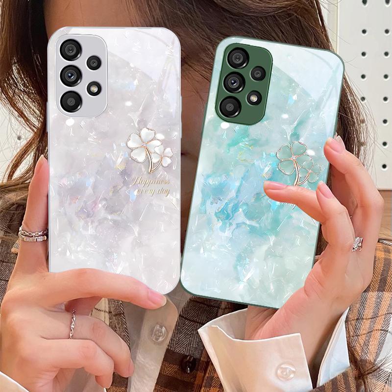 Чехол для телефона из закаленного стекла с двойным клевером для Samsung Galaxy S10 4G S20 11E 30 S21 21Fe 22 S24 Pro S23 Ultra 5G S8 S9