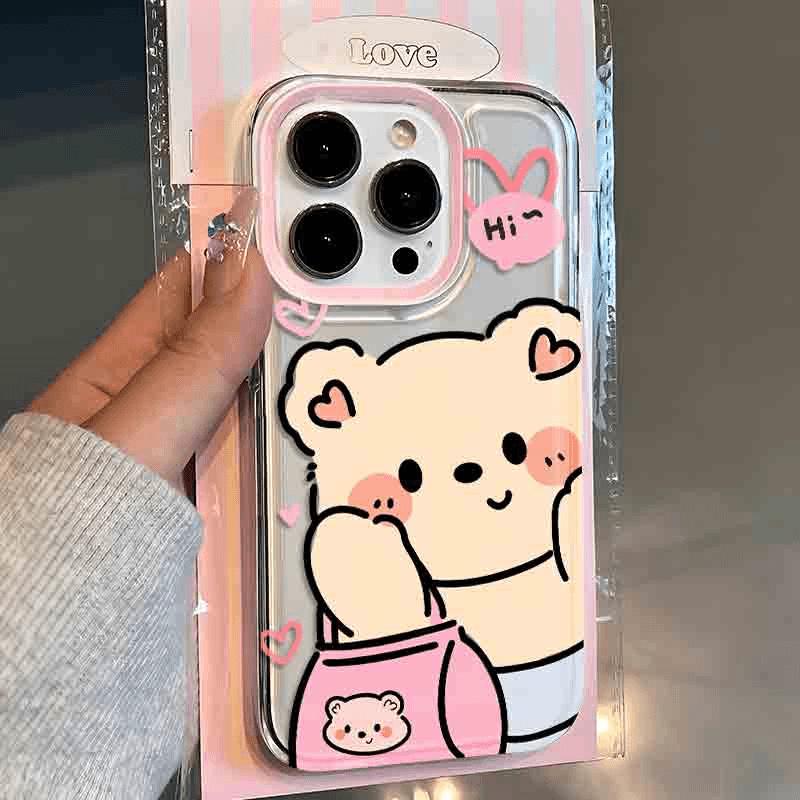 Милый розовый чехол для телефона с мишкой для Apple 13/14/15/16E/16Pro/15ProMax с точными отверстиями