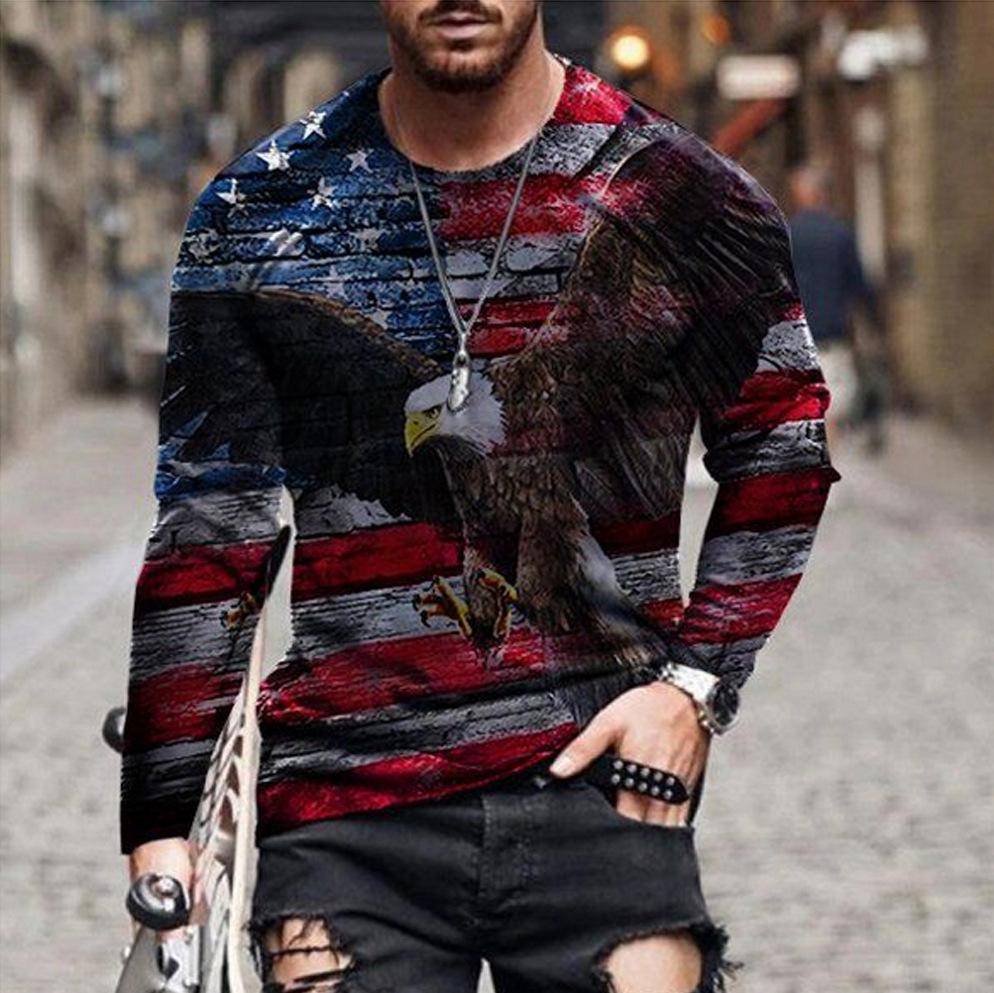 American Flag Print Long-Sleeved Men's T-shirt Spring Autumn Loose Tops Casual Fashion All-Match O-Neck Men Clothing 5XL EU Size