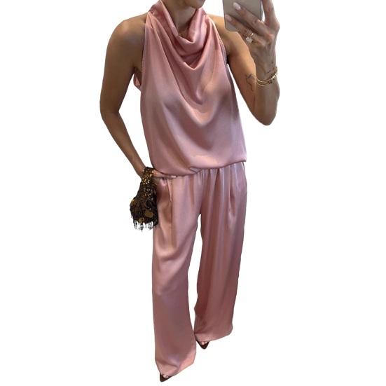 Женские атласные костюмы-двойки: топ-халтер без рукавов и брюки широкого кроя. Повседневный отпускной комплект для отдыха.
