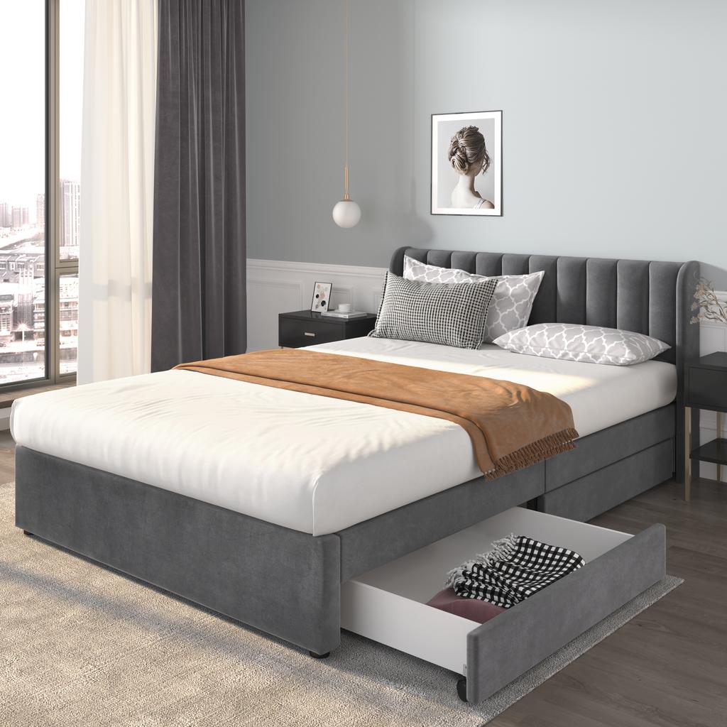 Upholstered bed 140 x 200 cm velvet with slatted frame, backrest, 2 drawers, grey
