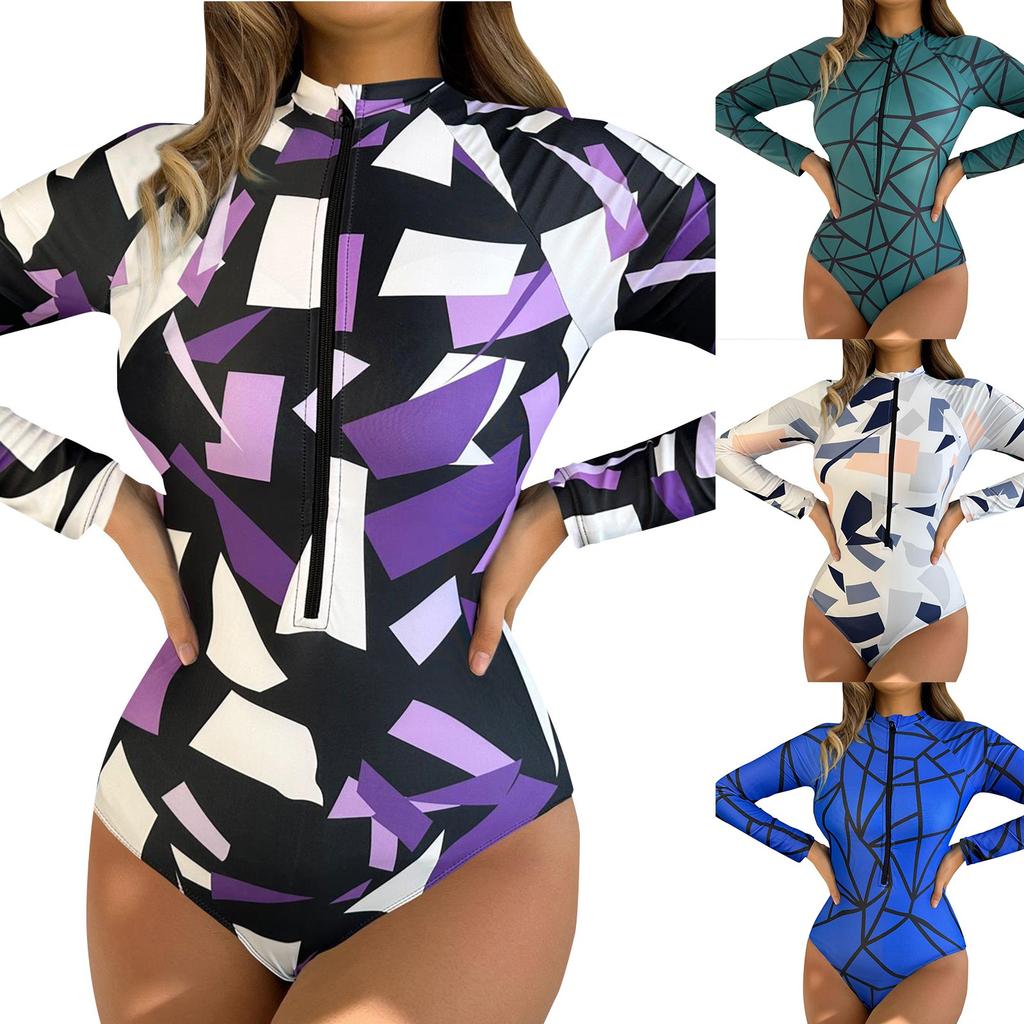 Women's Fashionable One-piece Long Sleeved Zippered Beach Surfing Elastic And  Swimsuit