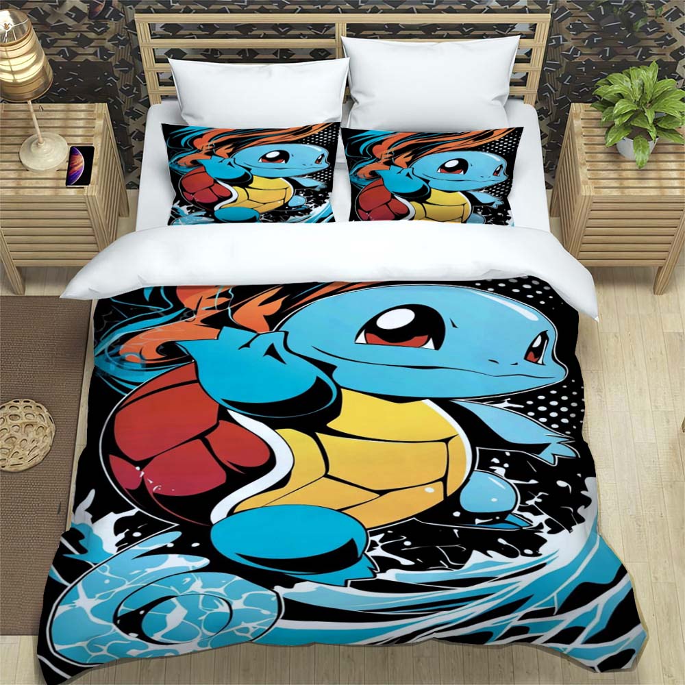 Squirtle-themed bedding sets available in various sizes, featuring soft duvet covers and pillowcases—suitable for teenagers, chi