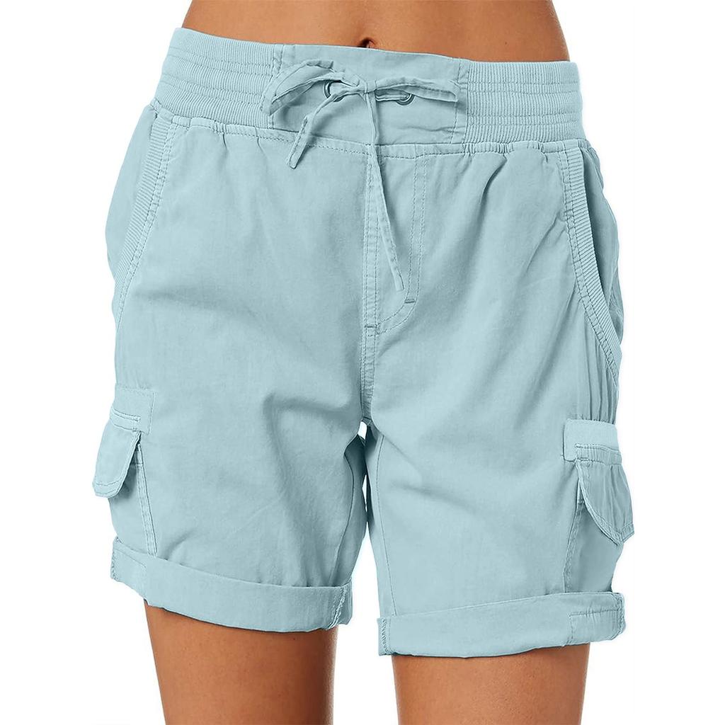 Women's Solid Color Fashionable Pocket Drawstring Casual Workwear Pants Loose Elastic Waist Shorts