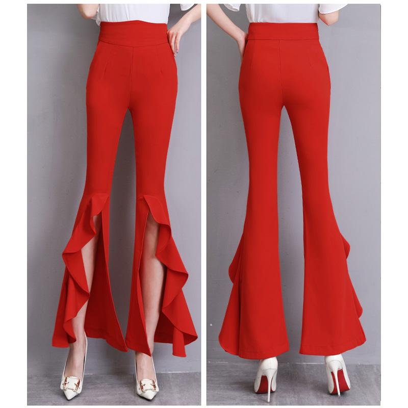 Harajuku Summer High Waist Women's Chiffon Split Up Capris Pants for Women Skinny Ruffles Flare Pants Woman Trousers Red Black