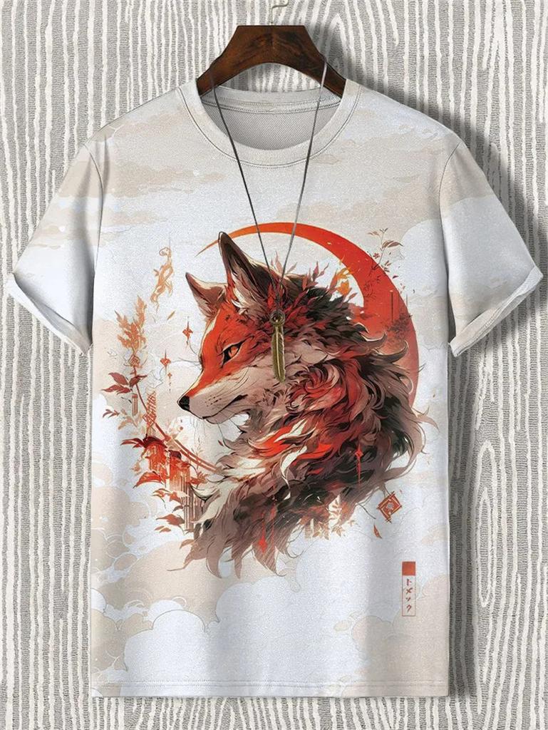 Japanese Cat Pattern T-Shirt For Men Warrior Animal 3D Print Tee Shirts Summer Casual O-Neck Short Sleeve Tees Street Loose Tops