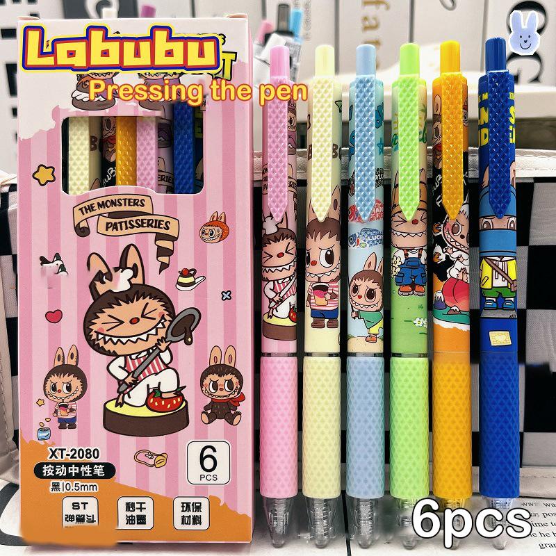 6Pcs Kawaii Gel Pen Labubu Monster Cartoon Neutral Pen Quick Drying Pen Student Examination School Office Supplies Stationery