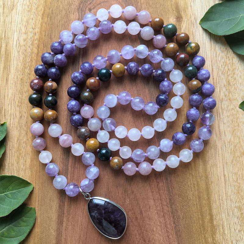 Natural Rose Quartz,Lepidolite,Amethyst Mala Necklace,108 Hand Knotted Meditation Japa Mala,Healing Crystals,Yoga Prayer Gift