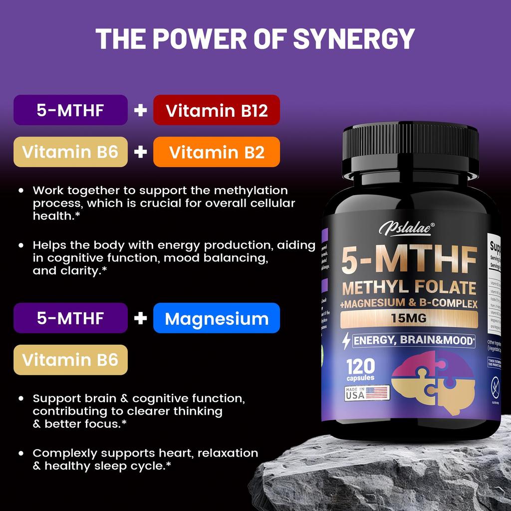 5-MTHF Methylfolate Dietary Supplement: Supports brain health, improves mood, and boosts energy. 120 capsules.