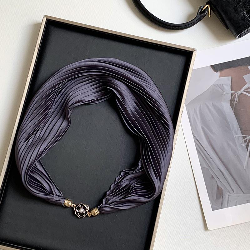 Новый монохромный магнитный шелковый шарф-ожерелье для женщин, плиссированный летний солнцезащитный головной платок, декоративный шарф