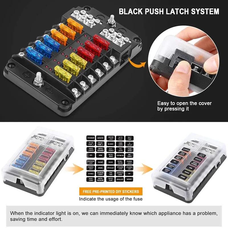 6-Way/12-Way Car Boat Blade Fuse Box Block Holder LED Indicator 12V 32V Auto Marine Waterproof Power Distribution Panel Board