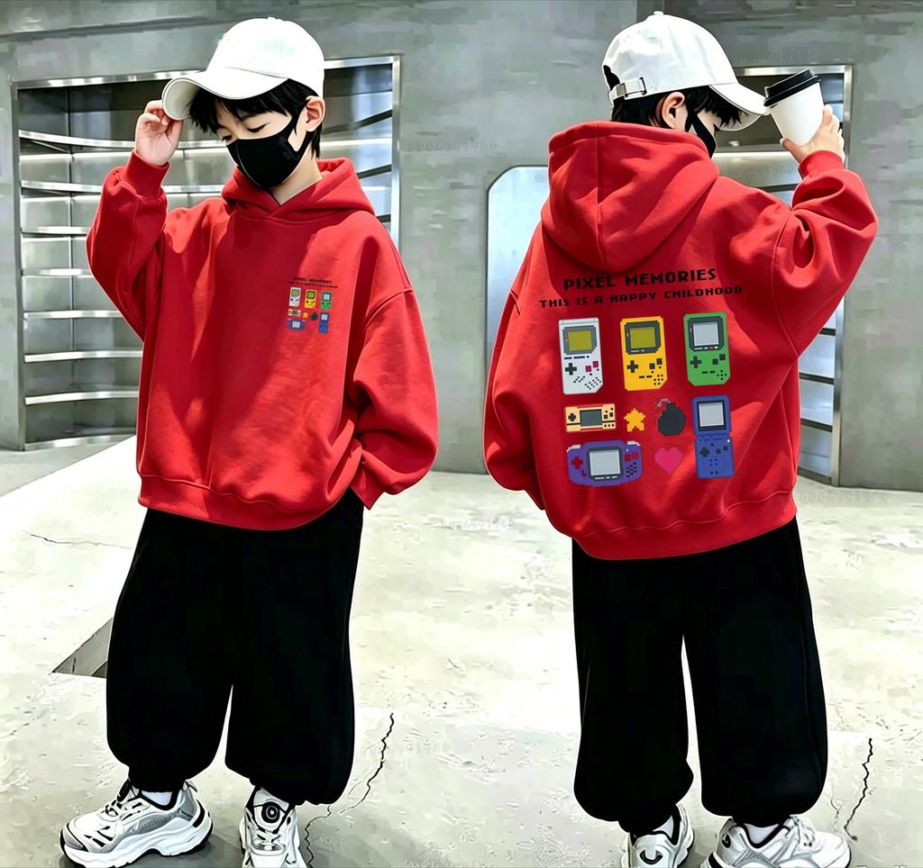 Boys and Girls Daily Sports Pullover Hoodie for Kids Retro Game Console and Letter-patterned