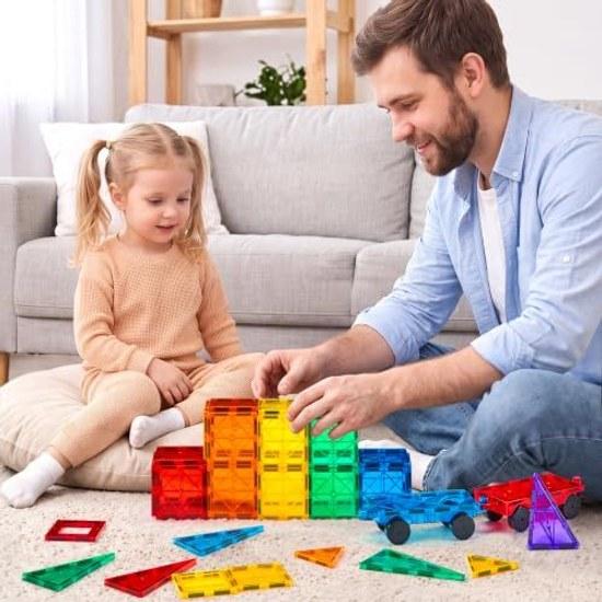 Gemmicc 136PCS Magnetic Tiles Building Blocks Kids STEM Certified Educational Toy Puzzle Boys Girls Includes 2 Cars