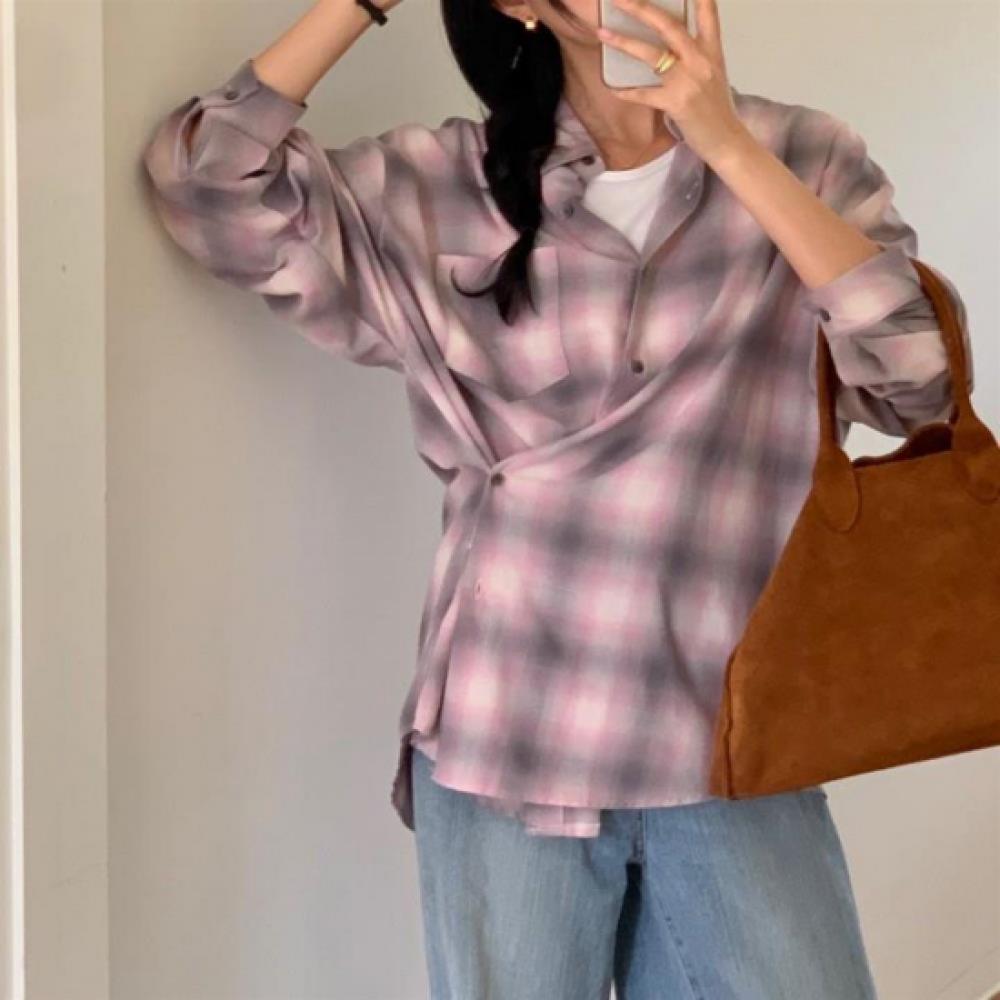 New Arrivals Open Run Women Check Pattern Loose Fit Button Shirt