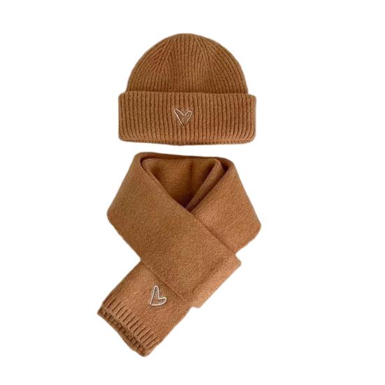 2Pcs/Set Kids Hat Scarf Set Solid Color Heart Pattern Thickened Warm Knitting Hat Long Scarf Set Elastic Fit Winter Wear