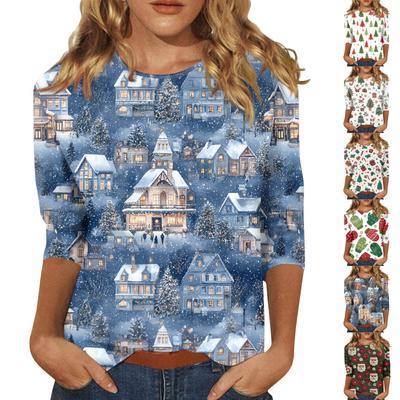 Женские топы Рубашка с рукавом три четверти V-образный вырез Свободная повседневная рубашка Футболка с принтом