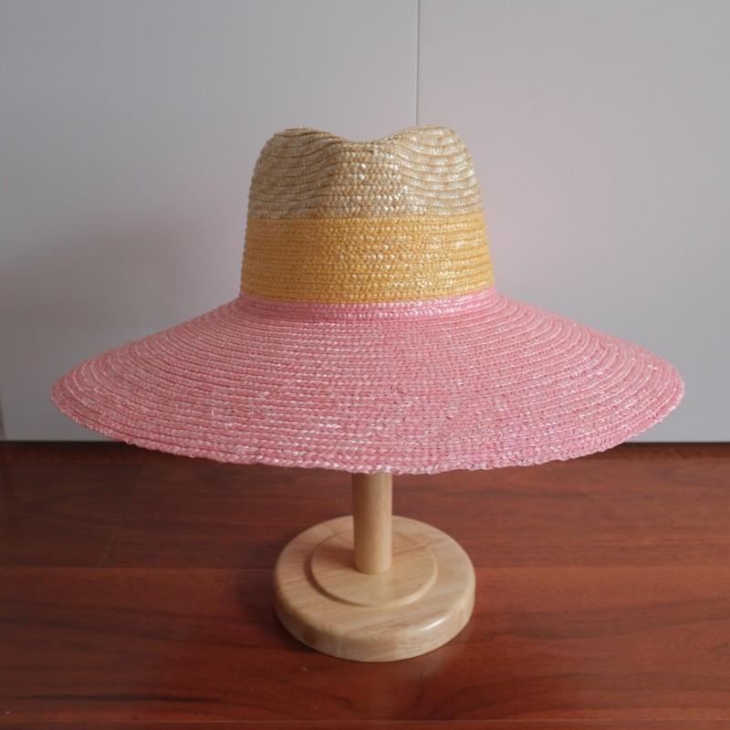Spring and summer new hand-woven straw splicing pink big-brimmed straw hat outdoor sunscreen sunshade straw hat beach
