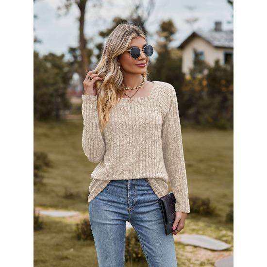 Осенне-зимний женский свитер с квадратным вырезом в полоску, однотонный топ с длинными рукавами и пуговицами в стиле пэчворк