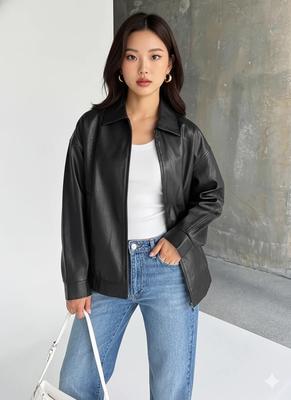 Повседневная кожаная женская куртка-бомбер, посадка, натуральная ручная работа, стильная черная овчина