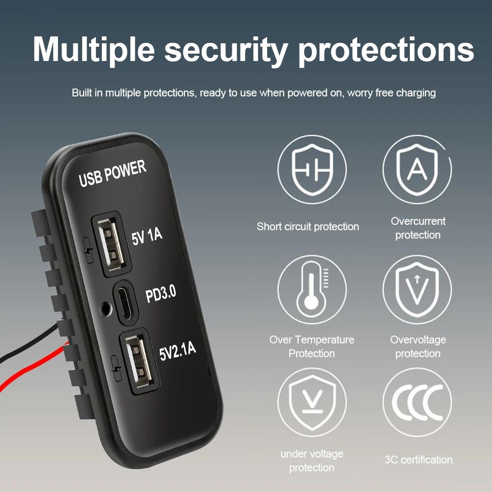 3 порта 12 В USB-выход, PD3.0 Type C, QC 3.0 USB A и 2,4 А USB A адаптер-розетка для быстрой зарядки для автомобиля, мотоцикла, морского транспорта, грузовика