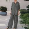 Women's Cotton Linen Two Piece Set Half Sleeve Button Down Shirt Wide Leg Pants Set Casual Tracksuit for Spring Summer Autumn