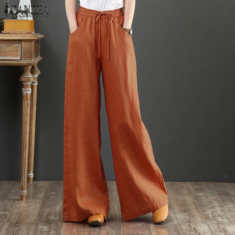ZANZEA Vintage Women Elastic Waist Business Casual Wide Leg Trousers Culottes Flare Long Pants