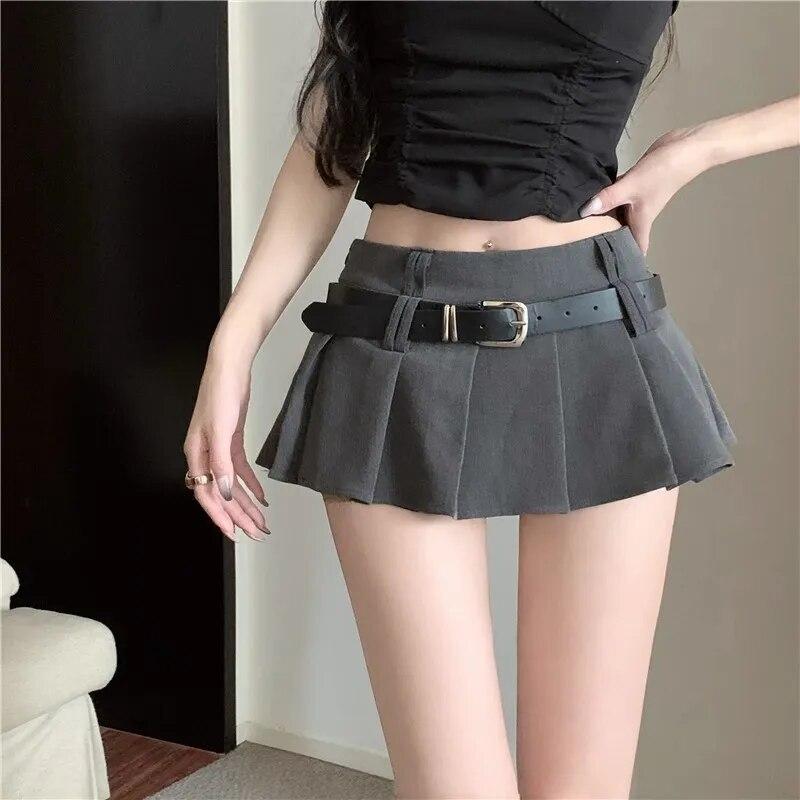 2025 Summer Women's High Waist Solid Short Skirt Sexy Fashionable Spicy Girl A-line Pleated Skirt with Belt Half Length Skirts