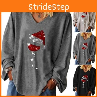 Стильная женская рождественская футболка с винным бокалом, футболка с V-образным вырезом, блузка с длинным рукавом, топы