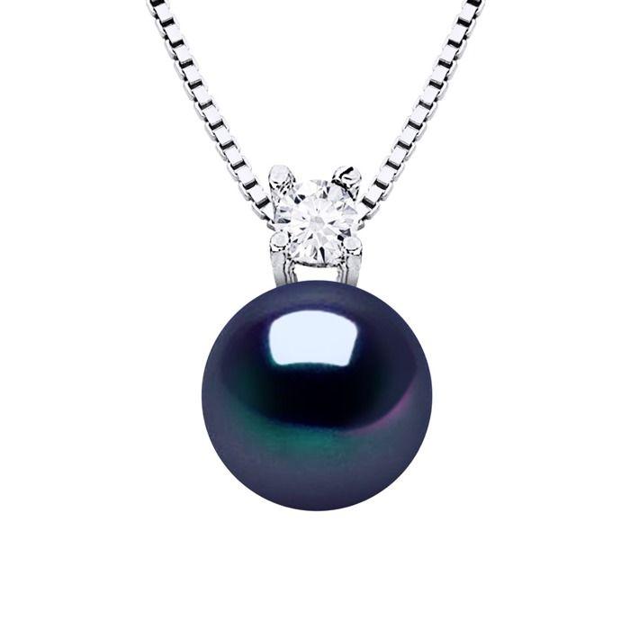 Collier - PEARLS & COLORS - Collier Solitaire - Perle d'eau douce ronde 8-9 mm - Argent 925 - Oxyde de zirconium