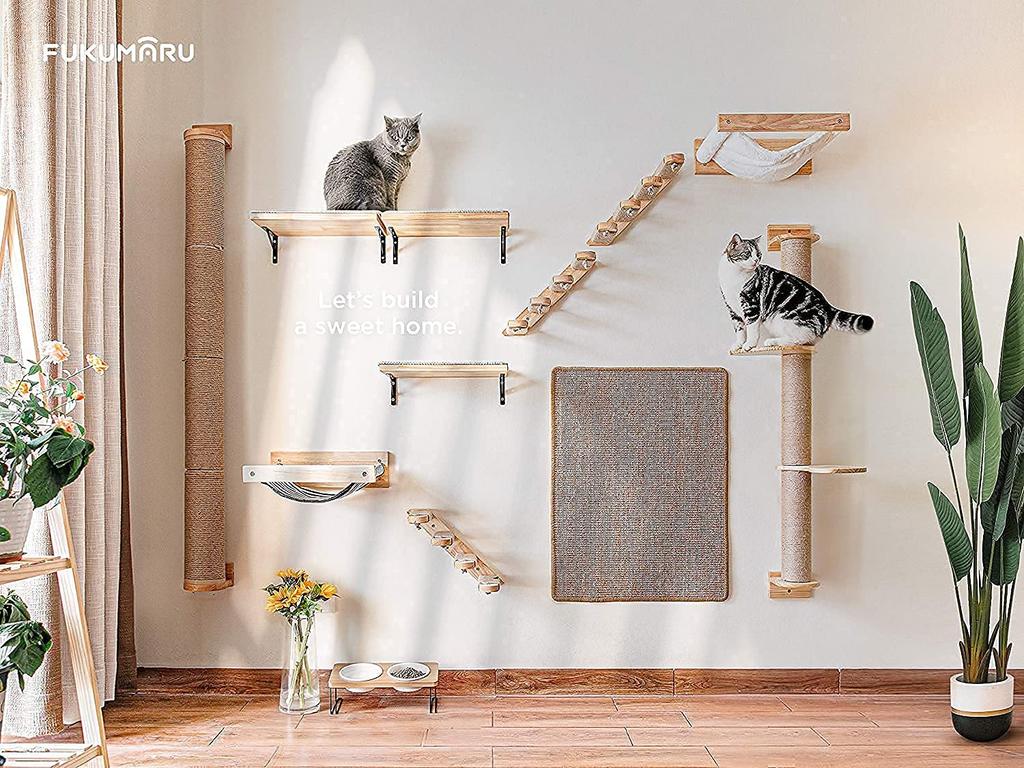 FUKUMARU Cat Activity Tree Scratch with Post Wall Mount Jute Scratcher Pine Hammock