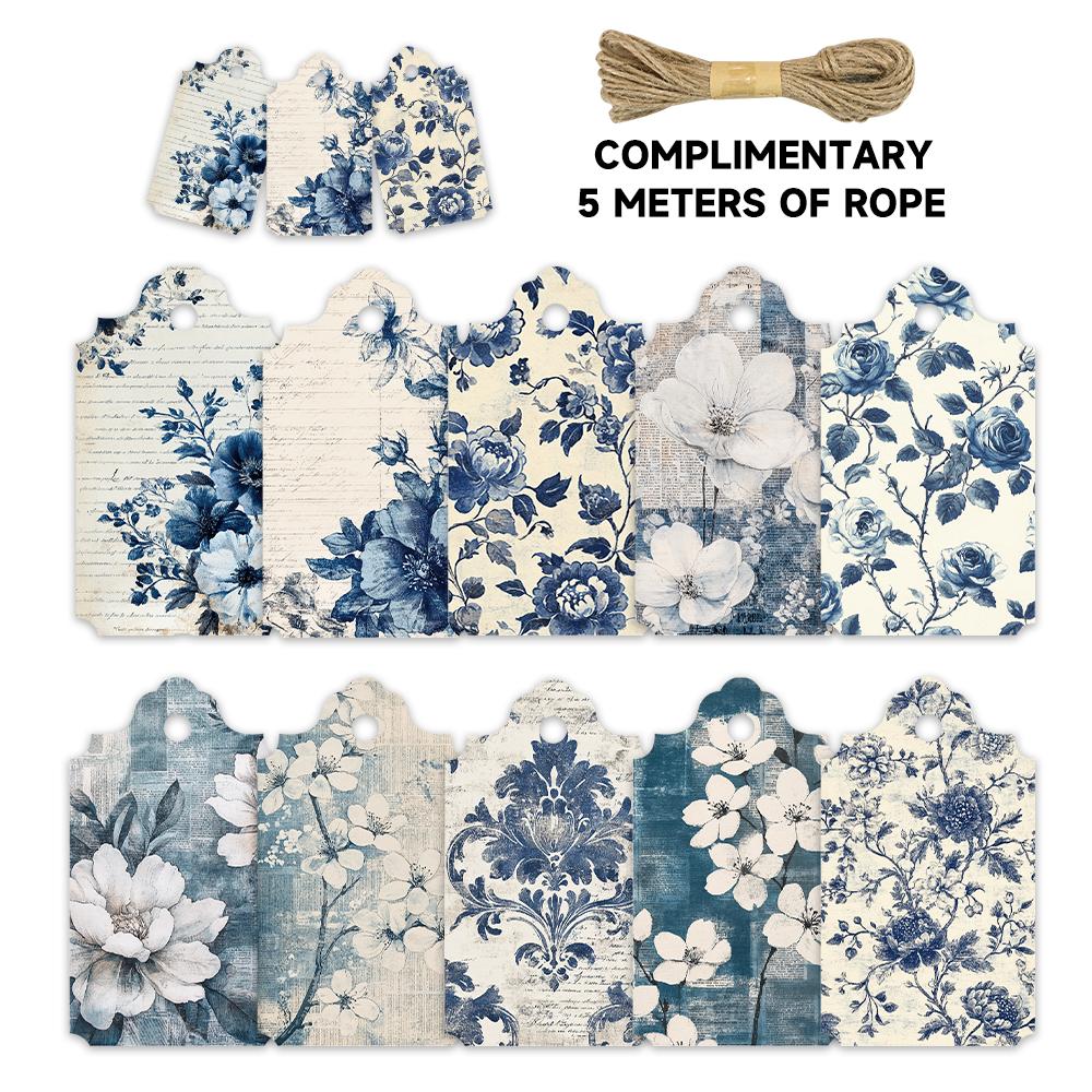 40pcs Vintage Blue Floral Tags, Hang Tags, Suitable for Gifts, Weddings, Bridal Parties, Birthday Cards, Includes Hemp String.