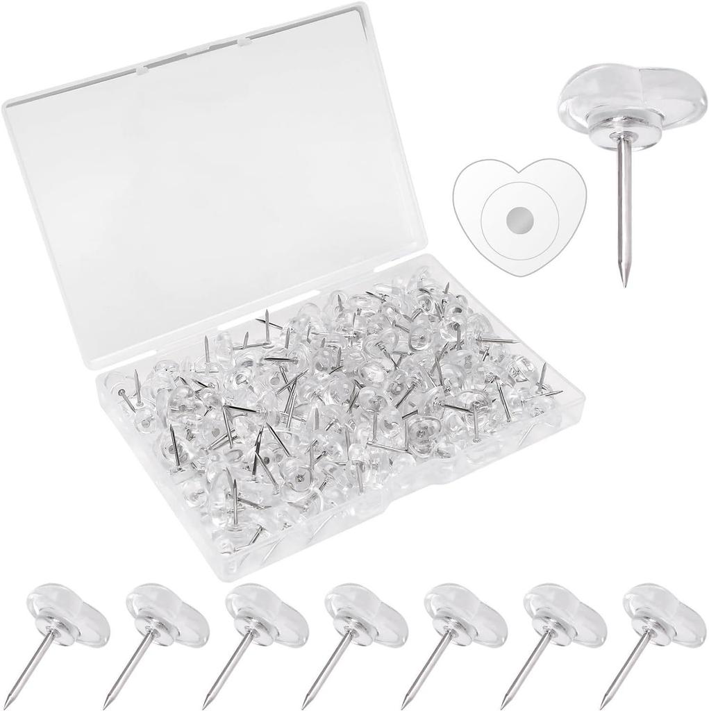 120 Transparent Heart Push Pins for Office, Posters, Postcards, and Corkboard Decorations