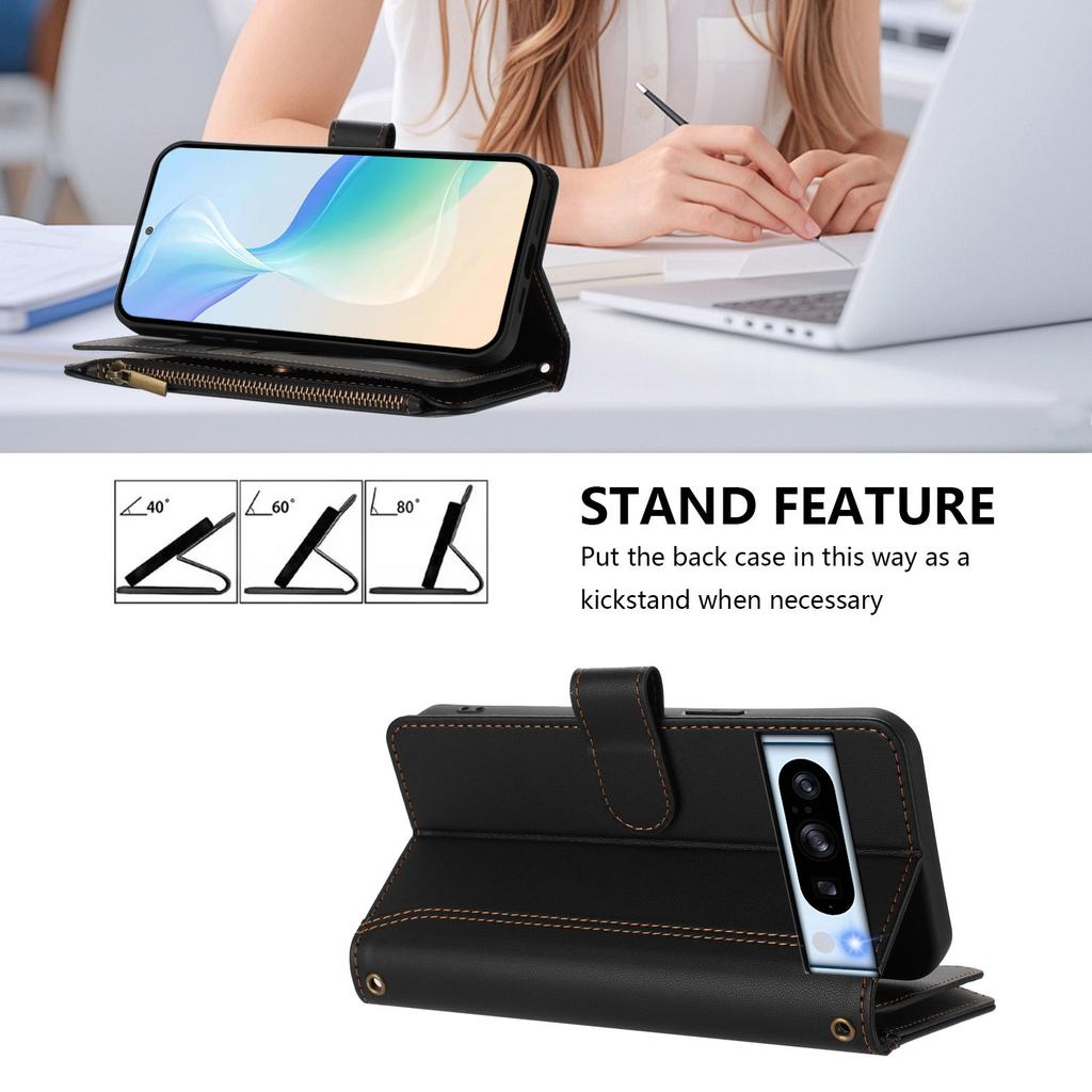For Google Pixel 8 Pro Leather Case 9 Card Slots Zipper Wallet Stand Phone Cover with Wrist Strap