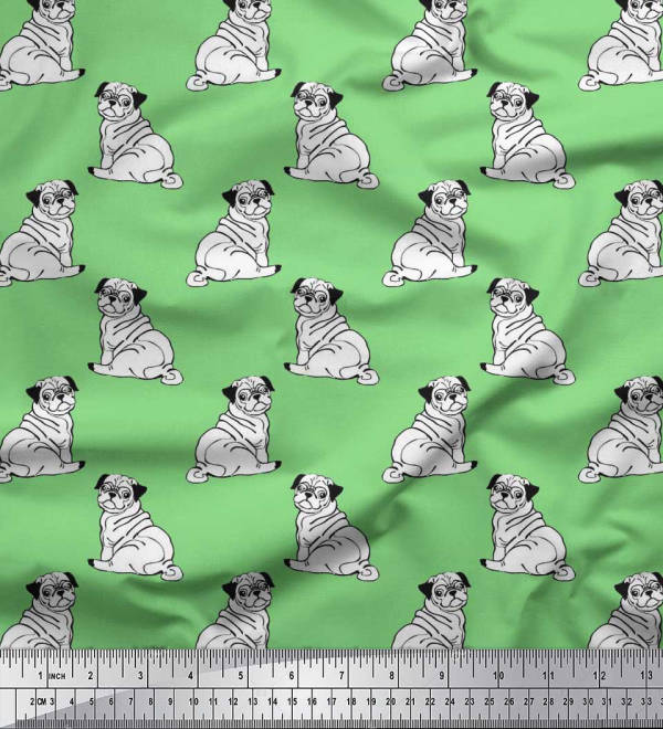 Soimoi Japan Crepe Satin Fabric Pug Dog Print Fabric by Metre 42 Inch Wide