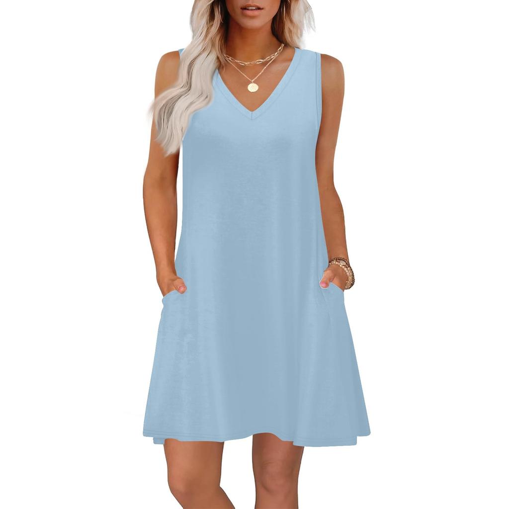 Women's Summer Dresses Loose Fit Solid Color V Neck Sleeveless Sundresses Beach Hawaiian Dress With Pockets