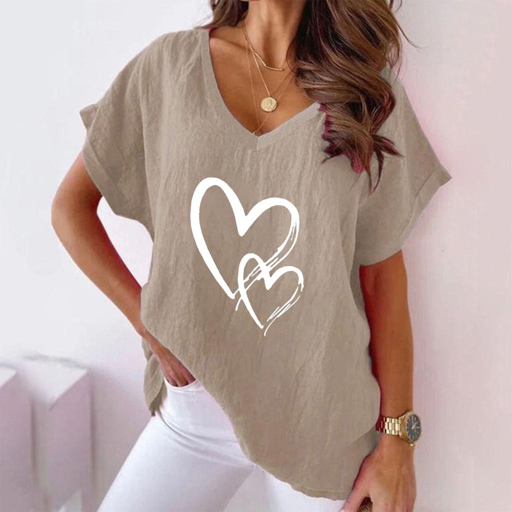 2023 Лето Европейская Американская Горячая Пара Любовь Принт V-образный вырез Хлопок Льняная Футболка Летучая Мышь Женская