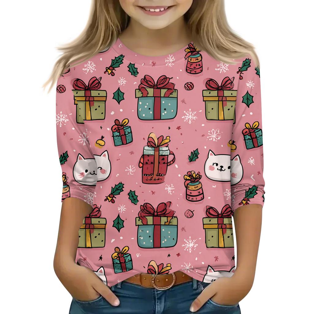 Children's 3/4 Sleeve Round Neck Top Christmas Tree Printed Everyday Casual Top