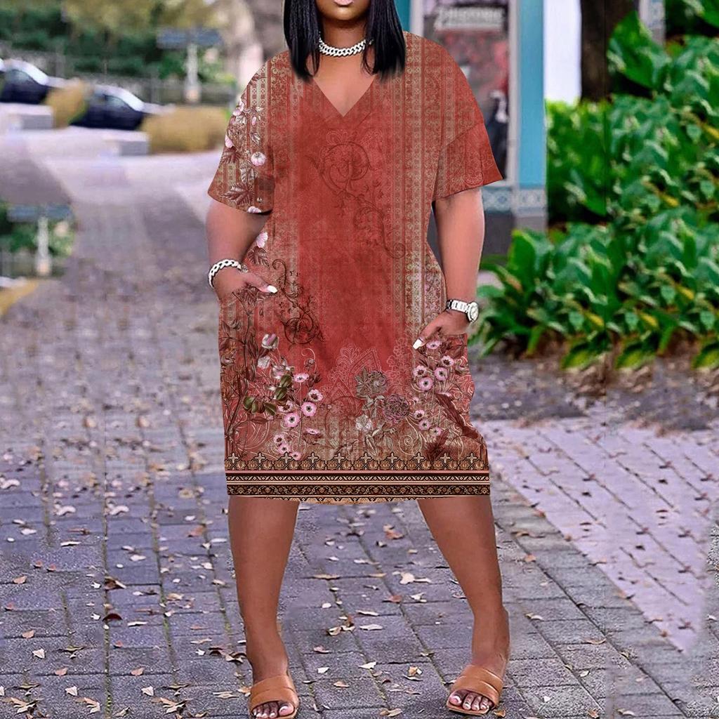 Лето плюс размер V-образным вырезом с короткими рукавами и карманами до колена с принтами повседневное платье для женщин