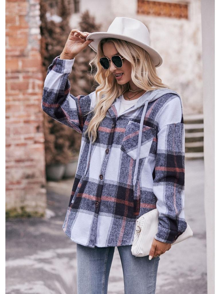 2024 New Autumn and Winter Fashion Simple Casual Hooded Plaid Shirt Loose and Comfortable Commuting Medium Length Women's Coat