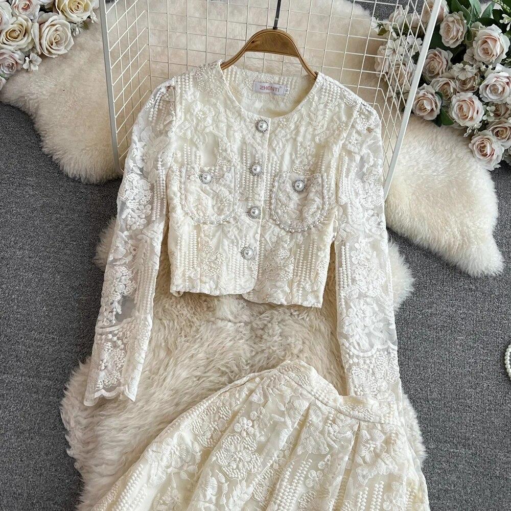 Высококачественные комплекты из двух предметов с цветочной вышивкой, женские костюмы, элегантная рубашка с длинными рукавами, юбки-миди, комплект из 2 предметов, женская одежда