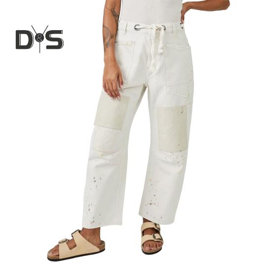 Women's Wide Leg Barrel Jeans Low Rise Drawstring Denim Ankle Pants Elastic Waist Stretchy Baggy Boyfriend Trouser