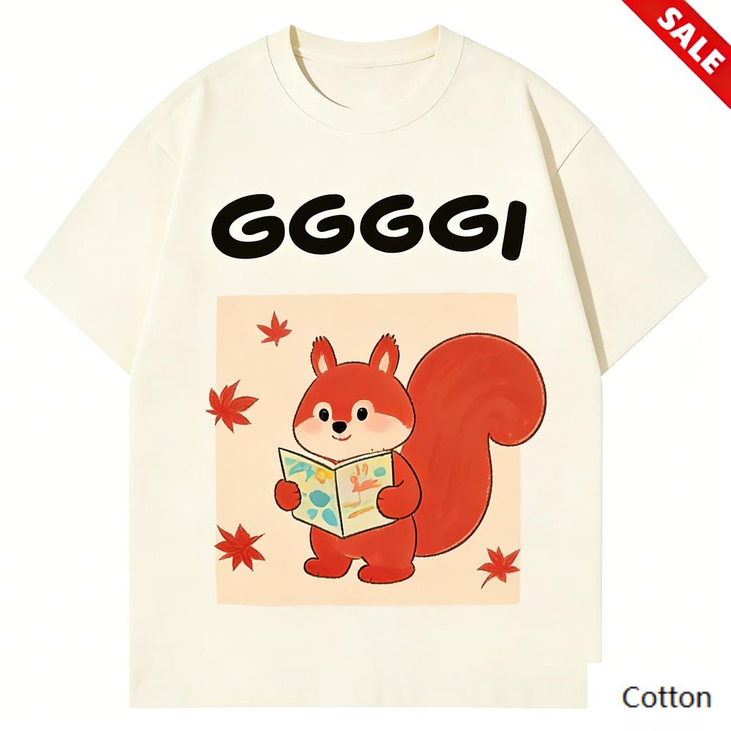 Luxury Japanese Style GGGGGI Kawaii Squirrel Print Tee Unisex, Soft Combed Cotton Short Sleeve, Autumn Cute Daily Streetwear