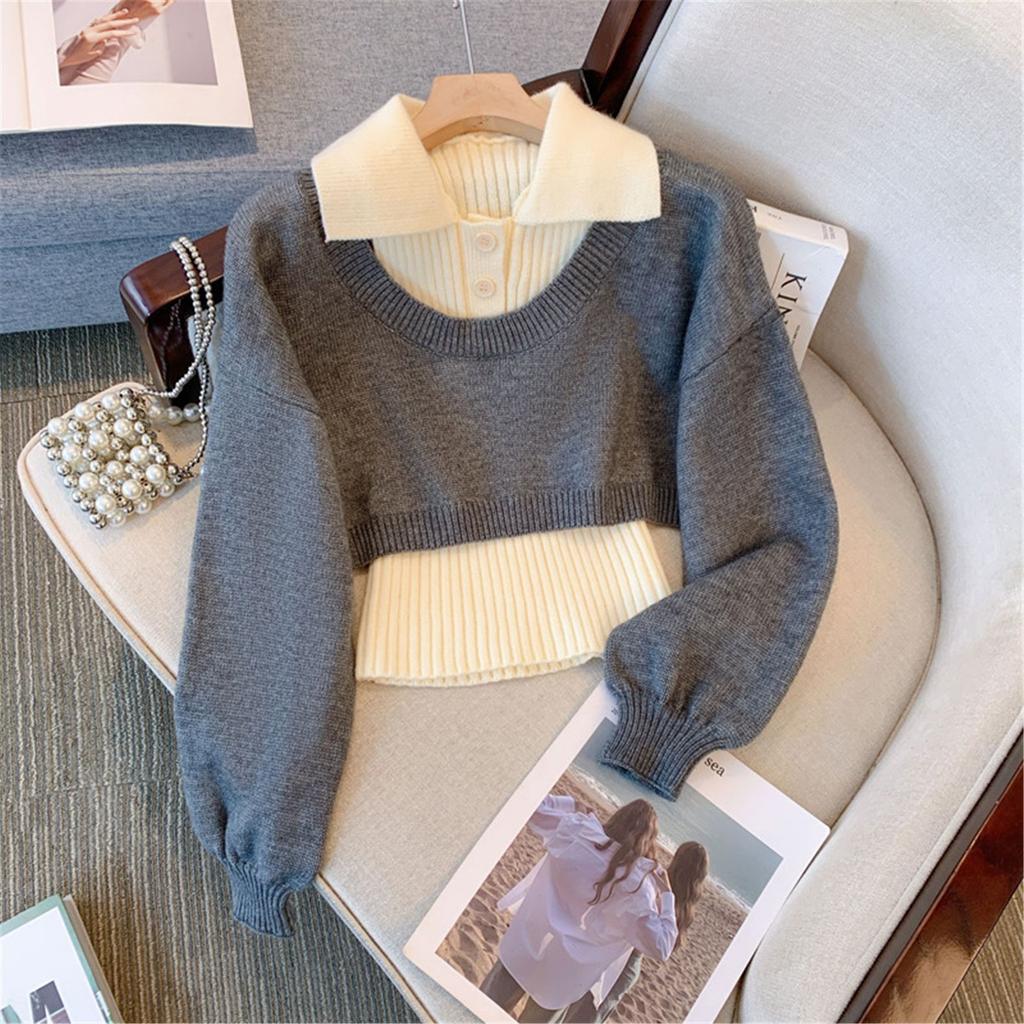 Японский ленивый двухсекционный свитер для женщин, новый осенний, замедляющий старение, укороченный трикотажный топ с воротником-поло из иностранного материала