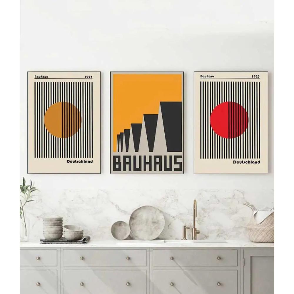 Nordic Striped Bauhaus Abstract Geometric Line Art Poster, Self-Adhesive Waterproof Wall Sticker for Cafe & Bar Room Decor