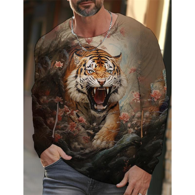 2024 New Tiger Print Pullover Autumn Winter Men's Casual Long Sleeve Round Neck Sweatshirt Streetwear Harajuku Men's Wear