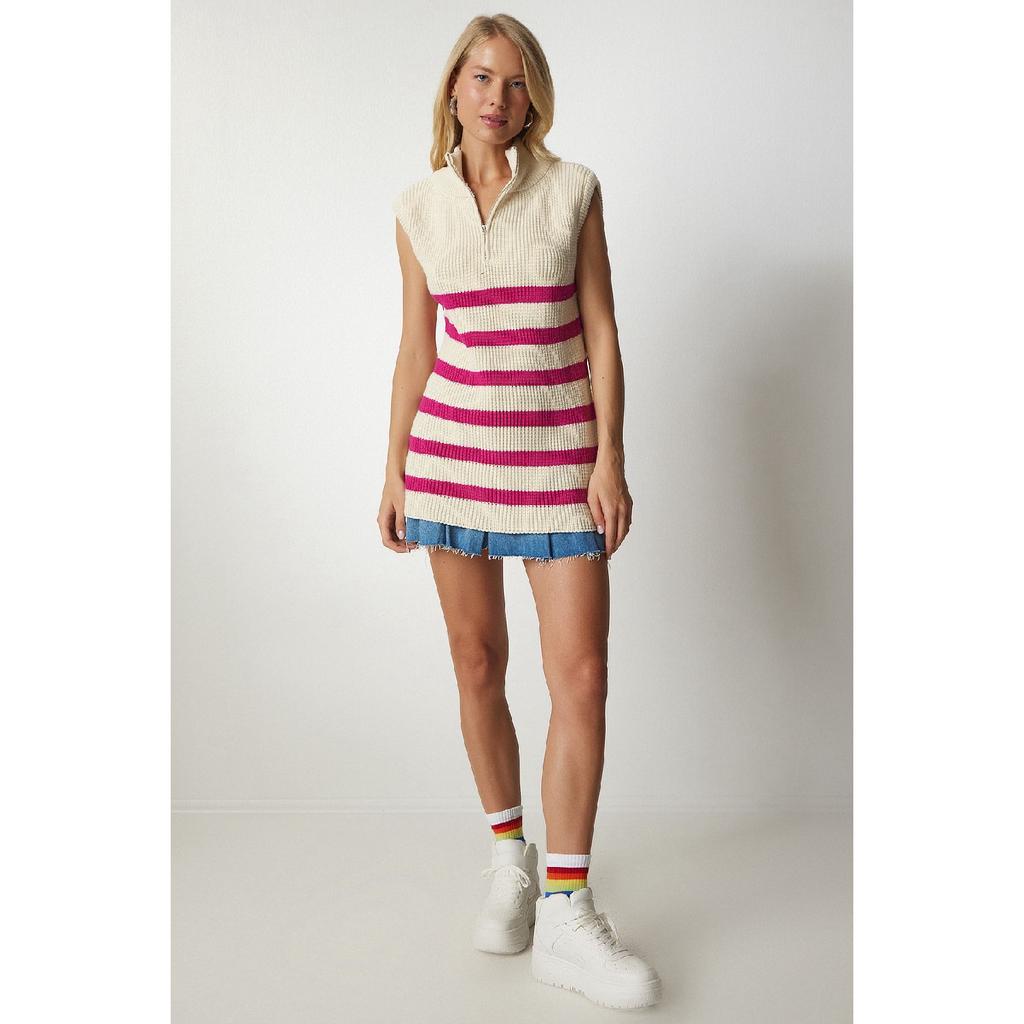 Женский кремовый черный полосатый свитер с воротником на молнии Mx00123