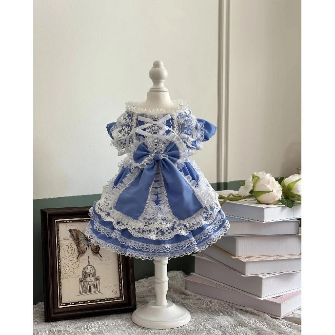 Original Hamdmade Pet Dog Clothes Pure Cotton Blue Lace Bow Party Princess Dresses For Small Medium Dog Poodle Puppy Coat Skirts