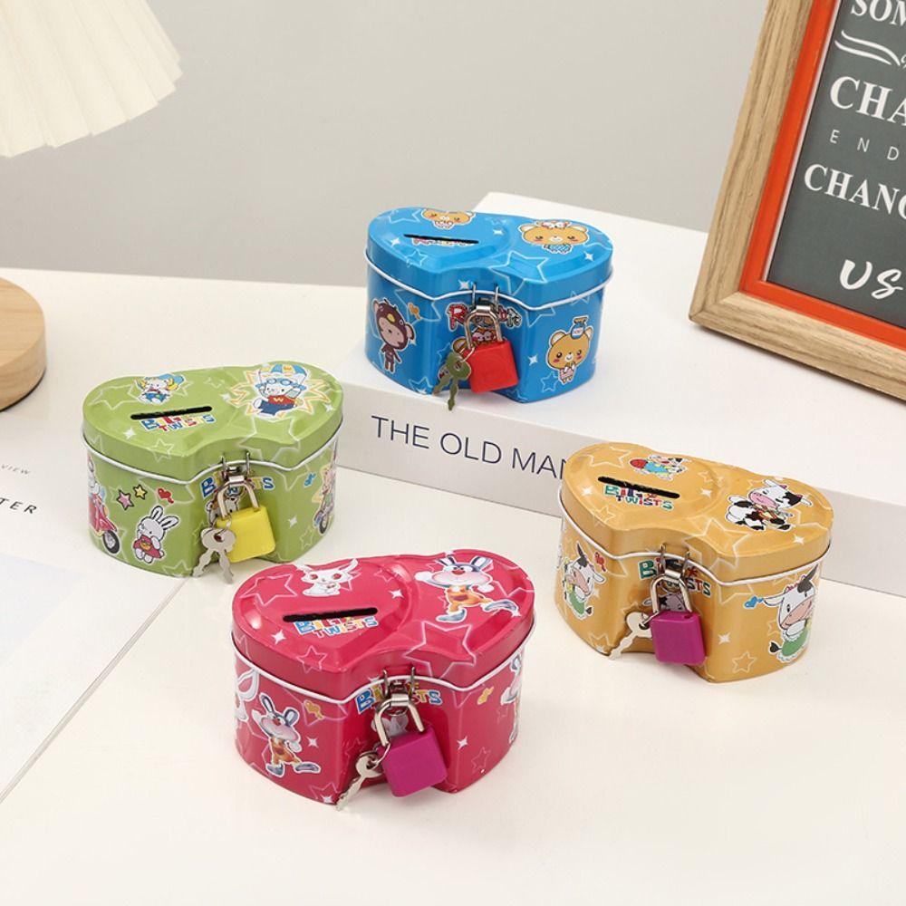 Cartoon Print Design Coin Savings Box High Capacity Kids Storage Jar Tinplate Piggy Bank  Home