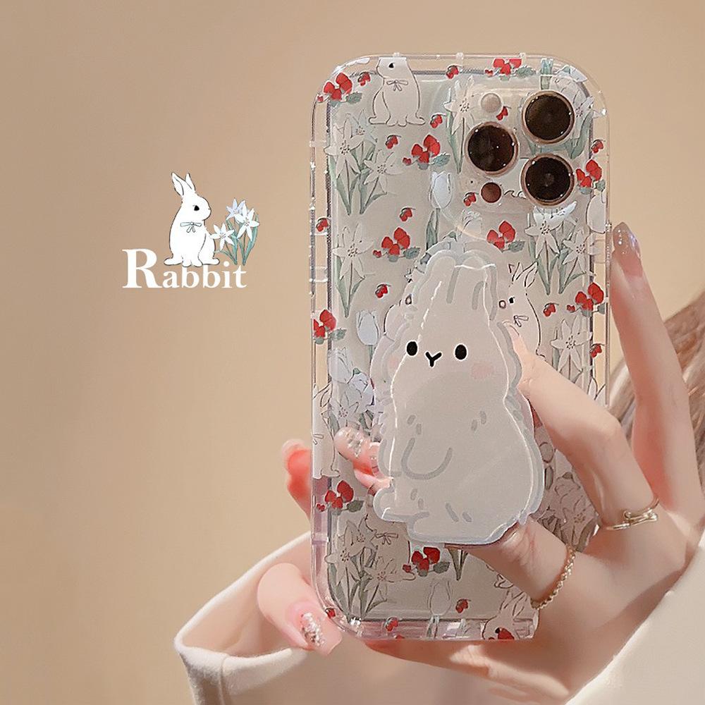 Korean-style floral rabbit design applicable iphone13Apple14Phone case11Cute girl15pro max Bracket16Transparent