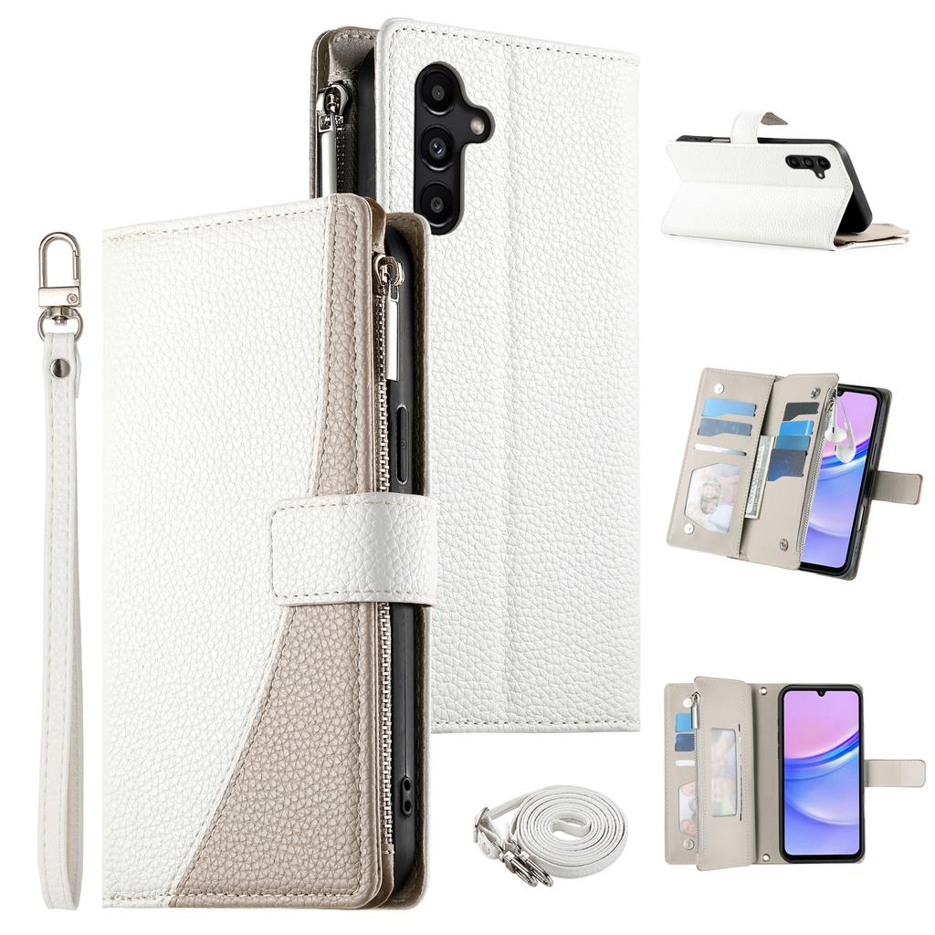 Чехол-книжка из кожи с цветной вставкой и кошельком на молнии для Samsung Galaxy A15 5G/4G с ремешками